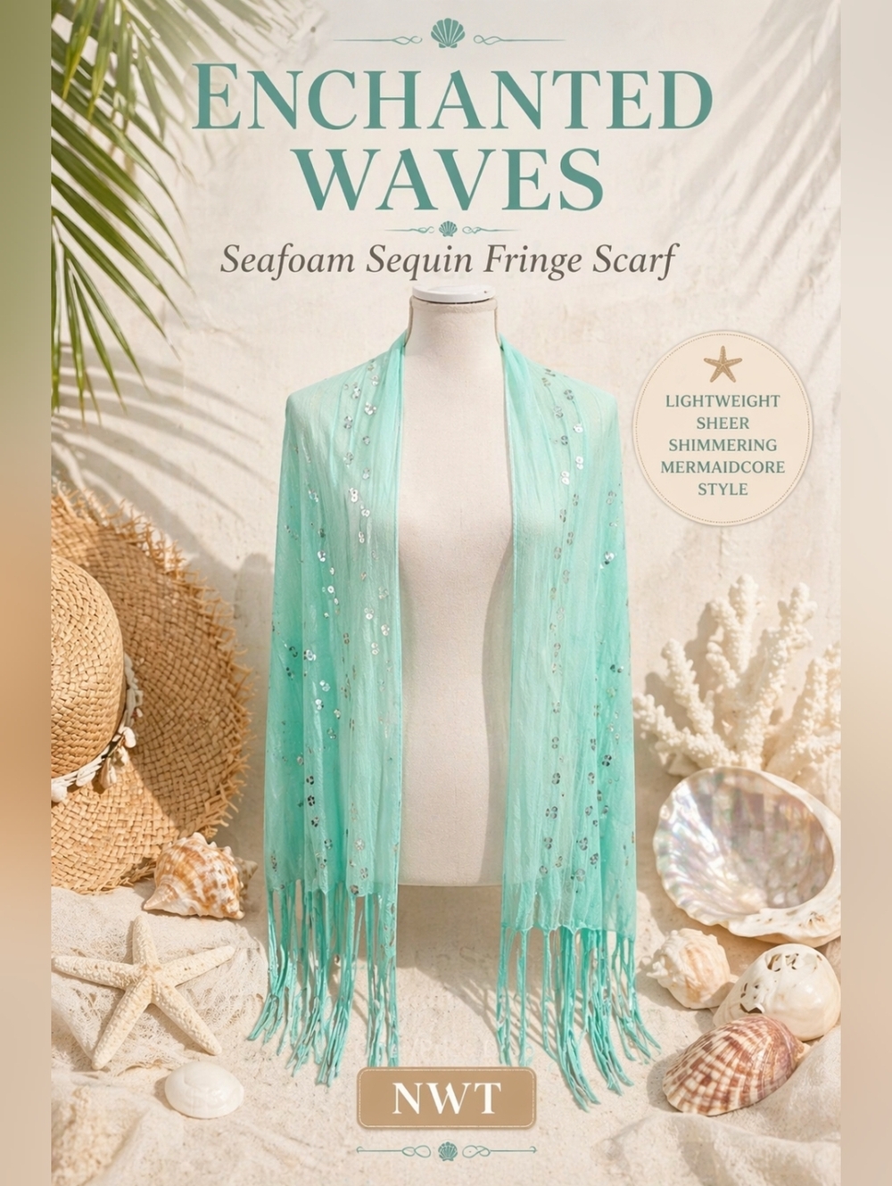 NWT Seafoam Sequin Fringe Scarf Mermaidcore Beach Wrap